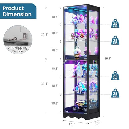 Dystler Display Cabinet with Glass Doors, 6 Tier RGB Lights Curio Cabinet | Adjustable Shelves, Human Sensor Lighting, Modern LED Display Case for Collectibles, Black - color: Black
