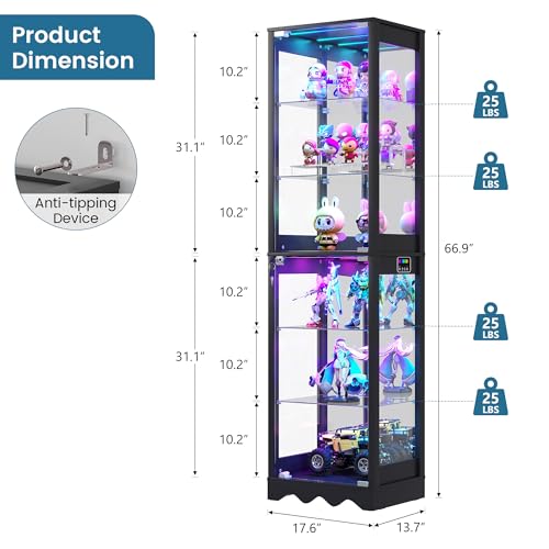 Dystler Display Cabinet with Glass Doors, 6 Tier RGB Lights Curio Cabinet | Adjustable Shelves, Human Sensor Lighting, Modern LED Display Case for Collectibles, Black - color: Black
