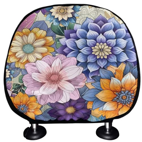 Boho Floral Print 2 Piece Auto Accessories Auto Seat Headrest Cover Non-Slip Flower Prtint Soft Stretchy Car Seat Headrest Cover Protector Universal Fits for Most Cars Truck SUV Sedan - color: Boho Floral