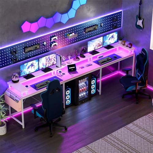 U Shaped Desk with Power Outlet & LED Lights, 79" Reversible Computer Desk with Monitor Stand, Wood Home Office Desks Gaming Desk with Shelving, Side Storage Pockets, Pink - color: Pink