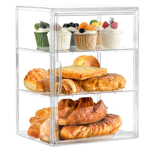 Bakery Display Case, 3 Layer Clear Acrylic Pastry Display Case, 1 Pack | Countertop Bread Box with 2 Adjustable Shelves, Magnetic Door, Display for Kitchen and Events, Size 10.6 x 8.7 x 14.2 Inches - color: Clear 1 Pack