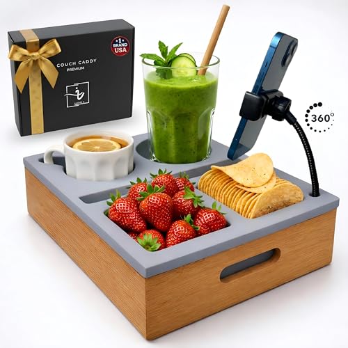 Couch Caddy with Cup Holder | Wood Couch Cup Holder Tray for Drinks, Snacks & Remotes | Sofa Couch Organizer with Phone & Cup Holder Tray (Grey) - color: Grey