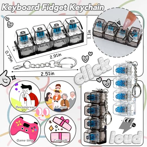2 Pcs 4 in 1 Keyboard Fidget Toy Keychain, Clicky Button Toy Stress Relief Keychain with Swappable Keycaps, Mini Mechanical Key Fidget for Office Desk Focus Gifts (Clear Black) - color: Clear Black