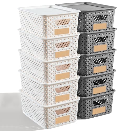 10 Pack Small Plastic Storage Bins with Lids, Stackable Plastic Storage Baskets for Organizing with Handles, Organizer Bins with Labels for Room, Craft, Containers for Pantry Organizers and Storage - color: White&Gray