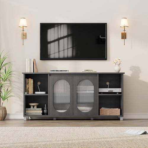 IDEALHOUSE TV Stand for 65" TVs with Fluted Glass Media Console, Black | Media Storage Cabinet, Fluted Glass Doors, Open Display Shelves, Modern Design, Bedroom & Living Room - color: Black