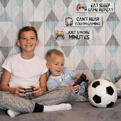 Hatzelou 3Pcs Game Wall Art Wooden Sign, Little Man Cave Sign Hanging, Game Hanging Wall Art Decor Sign, Gamer Wall Plaques Decor for Boys Kids Bedroom Playroom Nursery - size: 3pcs-eat