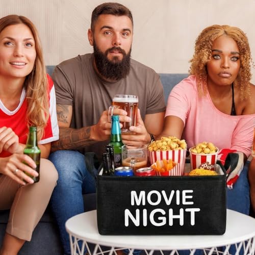 Movie Night Gift Basket with Handles Movie Night Supplies Snack Trays Popcorn Buckets Reusable Popcorn Containers Burlap Storage Organizer Bin Large Snack Bowl for Family Room Home Theater Decor - color: Black, style: Classic