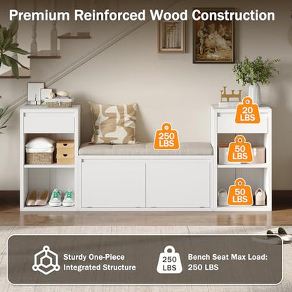 JIJIWANG 77.48" W Entryway Storage Bench with Cushion, 4-in-1 Hallway Bench with Drawers, Compartments and Open Shelves, Mudroom Bench for Shoes and Storage, White - color: White