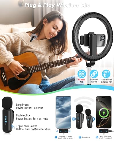 Yeaki Vlogging Kit for iPhone/Android, 10" Selfie Ring Light with Tripod Stand, Wireless Mic & Remote, 74" Tripod for iPhone with Ring Light, YouTube Starter Kit for TikTok, Content Creator & Video