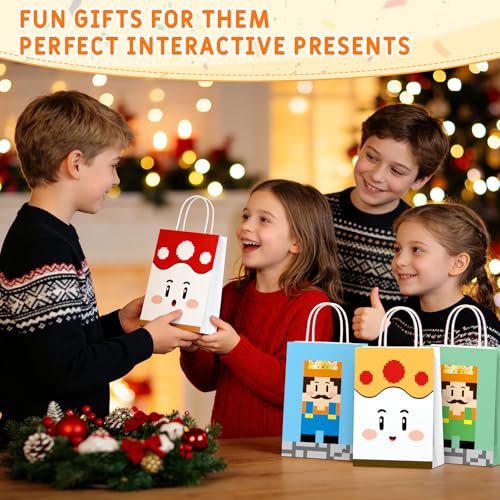 Magpixel Gift Bags with Handle: 16PCS Video Game Party Favor Bags, 54PCS Pixel Temporary Tattoos, Cartoon Paper Goodie Bags for Kids Birthday Christmas Holiday Decoration Classroom Treats