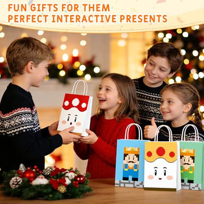 Magpixel Gift Bags with Handle: 16PCS Video Game Party Favor Bags, 54PCS Pixel Temporary Tattoos, Cartoon Paper Goodie Bags for Kids Birthday Christmas Holiday Decoration Classroom Treats