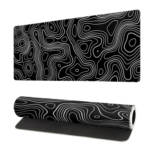Topographic Contour Gaming Mouse Pad Black Large Mouse Pad for Keyboard and Mousepad Desk Mat with 3mm Non-Slip Base and Stitched Edge for Gaming and Office Computer Mat Protector Mat 27.6x11.8 Inch - color: Black Topographic Contour 2