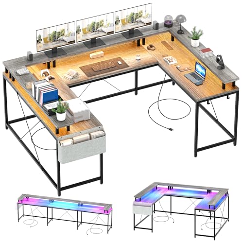 U Shaped Desk with Power Outlet & LED Lights, 79" Reversible Computer Desk with Monitor Stand, Wood Home Office Desks Gaming Desk with Shelving, Side Storage Pockets,Grey - color: Grey Oak