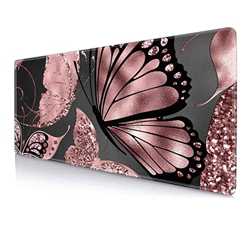 IMAYONDIA Gaming Mouse Pad for Women, Large Non-Slip Rubber Base Mousepad with Stitched Edges, Keyboard Mouse Mat Desk Pad for Work, Game, Office, 31.5x11.8 Inch - Rose Gold Glitter Foil Butterfly - color: Rose Gold Butterfly
