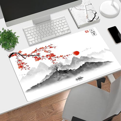 EOBTAIN Japanese Large Gaming Mouse Pad Cherry Blossom Keyboard Mat 31.5x15.7 Inch Mountain Landscape XXL Thin and Big Extended Desk Mat Smooth Non-Slip Rubber Mousepad Stitch Desk Accessories - color: Grey