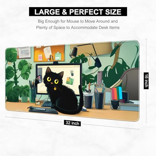 Desk Pad, 32" x 16" XXXL Extended Large Gaming Mouse Pad, Desktop Decor Desk Mat, Men Women Office Supplies and Accessories, Cute Anime Mouse Mat for Laptop & Keyboard, Office Black Cat - color: Office Black Cat