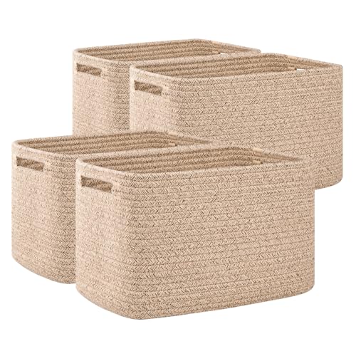 OIAHOMY 4 Pack Storage Baskets for Organizing, Cube Storage Bins for Shelves, Rectangle Storage Baskets With Handles, Woven Baskets for Storage, 12.7''Lx9''Wx7.8''H, Mixed Brown - color: Brown, size: 12.7x9x7.8inch