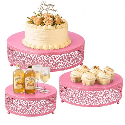 3-Piece Metal Cake Stand Set, Round Buffet Risers (8 to 12 Inch) – Sturdy Dessert Cupcake Pastry Candy Plate Stands for Wedding, Birthday Party & Event (3P-Pink) - color: Pink, size: 3P-Round(8IN to 12 IN)