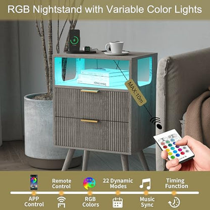 JOONEE Nightstand with Charging Station and LED Lights,Modern Bedside Table with 2 Storage Drawer and Open Wood Shelf, for Bedroom and Small Spaces,Night Stand with Solid Wood Legs,GreyOak - color: Greyoak
