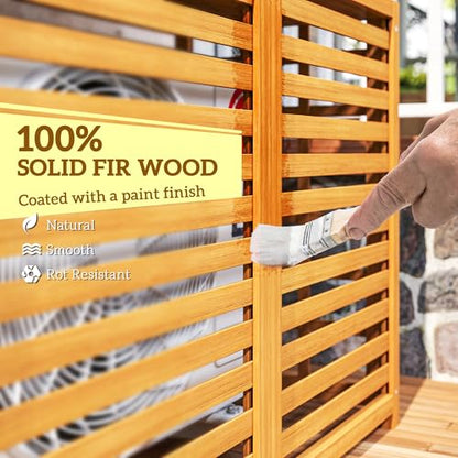 Outsunny Outdoor Air Conditioner Fence with Open Shelves, Wood Outdoor Privacy Screen Potting Table, Pool Equipment Enclosure for Patio, Slatted AC Fence for Outside Unit, Light Brown
