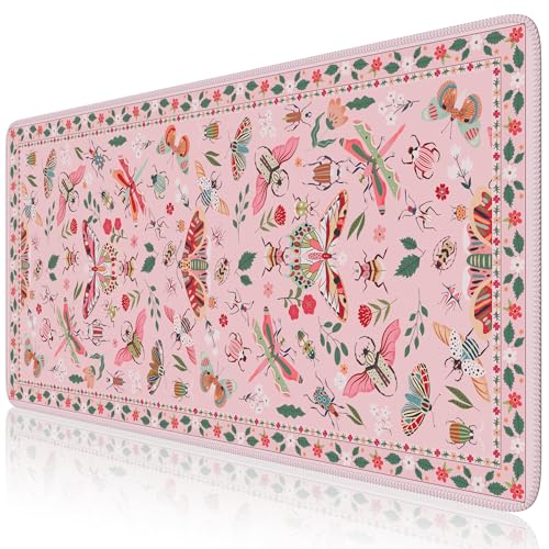 iCasso Pink Desk Pad Mat, XXL Large Mouse Pad, Desk Matt for Desktop, Anti-Slip Big Mousepad with Stitched Edges, Mouse Mat for Computer(Pink) - color: Butterfly-pink