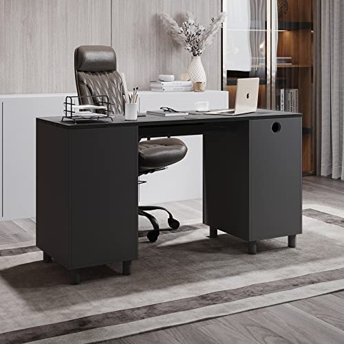 Modern Design Venice Computer Desk with Lockable Drawers, 53 Inch Home Office Desk with Storage Cabinet, Keyboard Tray & Cable Management, Modern Study Writing Desk for Small Spaces, Black and Grey - color: Black Grey