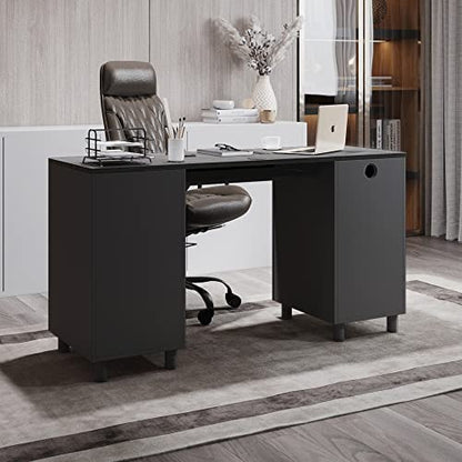 Modern Design Venice Computer Desk with Lockable Drawers, 53 Inch Home Office Desk with Storage Cabinet, Keyboard Tray & Cable Management, Modern Study Writing Desk for Small Spaces, Black and Grey - color: Black Grey