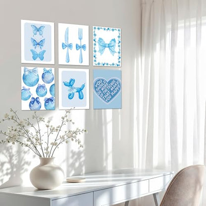 Isfvqyub Preppy Blue And White Butterfly Wall Art, Aesthetic Balloon Dog Poster For Girl Boy, Trendy Coquette Bow Wall Decor For Bedroom Dorm College Apartment Office, Set Of 6 -A07 - size: Blue And White Butterfly