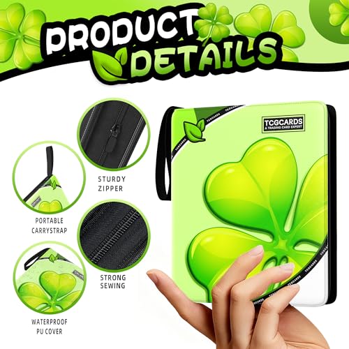 Trading Card Binder 4 Pocket,400 Pocket Card Collection Binder with 50 Removable Sleeves,PU Waterproof Top Card Book,3-Ring Zipper Collectible Trading Card Album for MTG/TCG/Card Holder Gift（(Leaf） - color: Leaf, size: Small