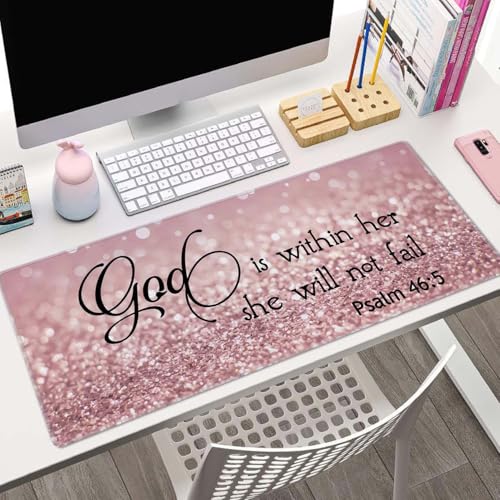 Bible Verse Gaming Mouse Pad Large, Keyboard Mouse Mat Desk Pad, Non-Slip Rubber Base with Stitched Edges Mousepad, 31.5X11.8 inch - Psalm 46:5 God is Within Her,She Will not Fall - color: God is Within Her,she Will Not Fall