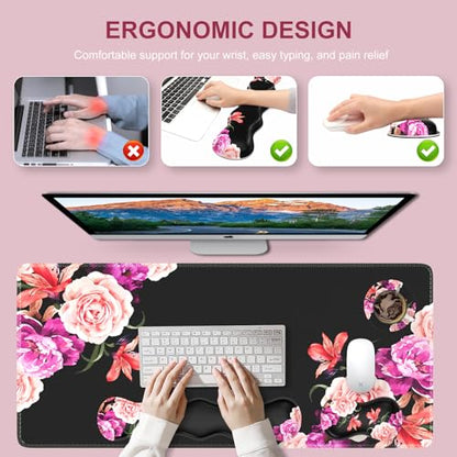 iLeadon Mouse Pad Set, Desk Mat + Mouse Pad with Wrist Rest + Keyboard Wrist Rest + Coaster, Mouse and Keyboard Pad Set with Stitched Edge & Non-Slip Base, Desk Pad Mat for Work Gaming, Peony Flower - color: Peony Flower