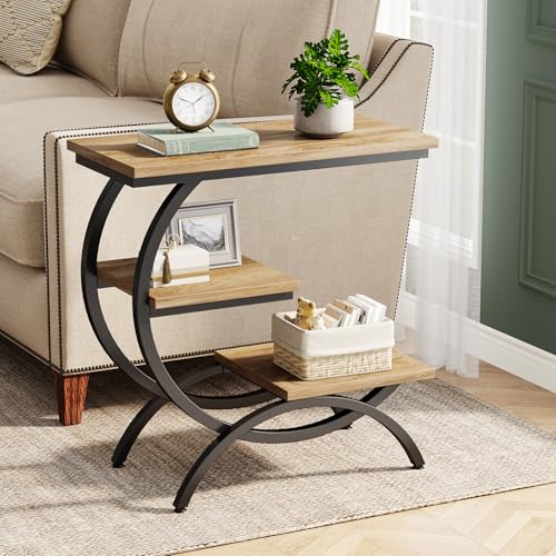Tribesigns C-Shaped End Table, 3-Tier Industrial Sofa Side Table with Curved Metal Frame for Living Room, Bedroom, Couch, Small Space, Light Brown - color: Light Brown