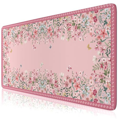 HAOCOO Rose Desk Pad Mat Floral, Cute Desk Matt for Desktop, Non-Slip Large Mouse Pad with Edge Stitching, Waterproof Keyboard Mat for Gaming, Office, Women Office Aesthetics - color: Dark Pink
