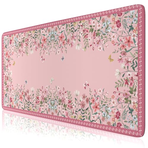 HAOCOO Rose Desk Pad Mat Floral, Cute Desk Matt for Desktop, Non-Slip Large Mouse Pad with Edge Stitching, Waterproof Keyboard Mat for Gaming, Office, Women Office Aesthetics - color: Dark Pink