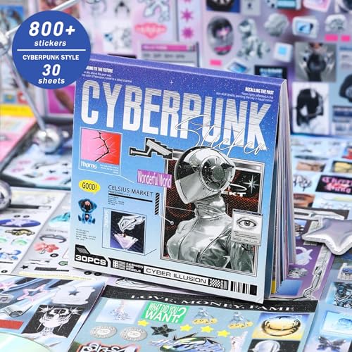 Sticker Book for Junk Journal Supplies, Cyberpunk Retro Futuristic 30 Sheets DIY Scrapbook Stickers with Glitter Glossy Matte Foil, 125x125mm Blue, for Scrapbooking Journaling - color: Blue Retro-futuristic
