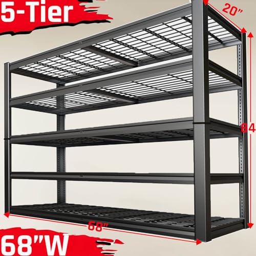 5-Tier Storage Shelves, 68" W Garage Shelving Heavy Duty Metal Adjustable Garage Shelves, Shelving Units Industrial Shelving for Warehouse, 68" W x 20" D x 84" H,Black - size: 68"Wx84"Hx20"D | 5 Tier