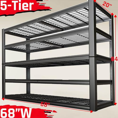 5-Tier Storage Shelves, 68" W Garage Shelving Heavy Duty Metal Adjustable Garage Shelves, Shelving Units Industrial Shelving for Warehouse, 68" W x 20" D x 84" H,Black - size: 68"Wx84"Hx20"D | 5 Tier