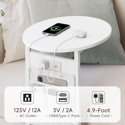 Vagusicc C Shaped End Table with Charging Station, 32" Tall Side Table for Couch and Recliner, Adjustable Height Small Couch Side Table Slide Under Sofa TV Tray Table for Living Room, Bedroom, White - color: White, style: Charging Station