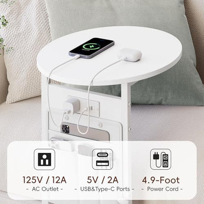 Vagusicc C Shaped End Table with Charging Station, 32" Tall Side Table for Couch and Recliner, Adjustable Height Small Couch Side Table Slide Under Sofa TV Tray Table for Living Room, Bedroom, White - color: White, style: Charging Station