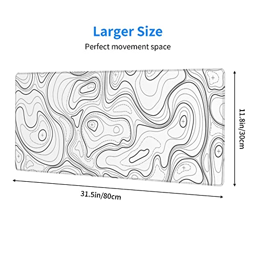 White Topographic Contour XL Gaming Mouse Pad Extended Long Large Mousepad with Stitched Edges Laptop Desk Pad Computer Keyboard PC Mouse Mat Nonslip Rubber Base for Company Office Gamer - color: White Topographic, size: 31.5" x 11.8"