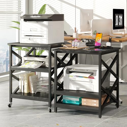 METYERRY Large Printer Stand with Power Outlet, with Height Adjustable Storage Shelf, 3 Tier Rolling Printer Cart with Industrial Wheels, 23.6 x 23.6 Inches Printer Table for Home Office,Black - color: Black