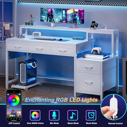 REAHOME 61 Inch Gaming Desk with Charging Station and LED Lights, Reversible Computer Desk with Storage Drawer and Monitor Stand, Modern Desk Table with File Cabinet & Side Pocket, Carbon Fiber White - color: Carbon Fiber White