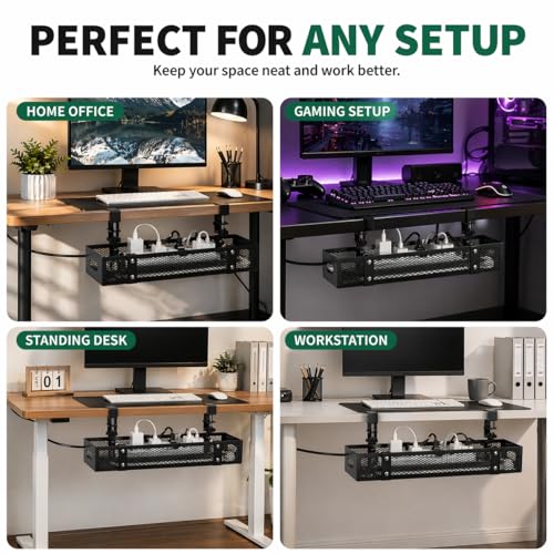 Under Desk Cable Management Tray, Metal Desk Cord Organizer, Adjustable Clamp, No Drill, Durable Desk Cable Organizer – 15.7'' - size: 15.7 inch