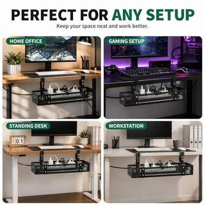 Under Desk Cable Management Tray, Metal Desk Cord Organizer, Adjustable Clamp, No Drill, Durable Desk Cable Organizer – 15.7'' - size: 15.7 inch