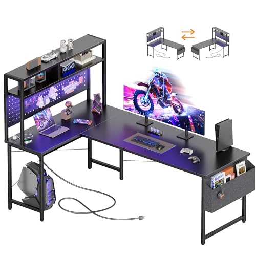 Mericonia 59 inch Large L Shaped Desk with Pegboard Hutch & Shelves, Corner Gaming Desk with Power Outlet, LED Light & Storage Bag, Reversible Computer Desk for Home, Bedroom, Office Workspace, Black - color: Black, size: 59 inch