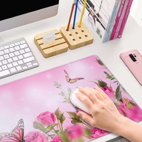 Mouse Pad Gaming, Large Mouse Pads for Desk, Keyboard Mouse Mat Desk Pad, Non-Slip Rubber Base with Stitched Edges Mousepad, 31.5x11.8in Roses Butterfly - color: Roses Butterfly