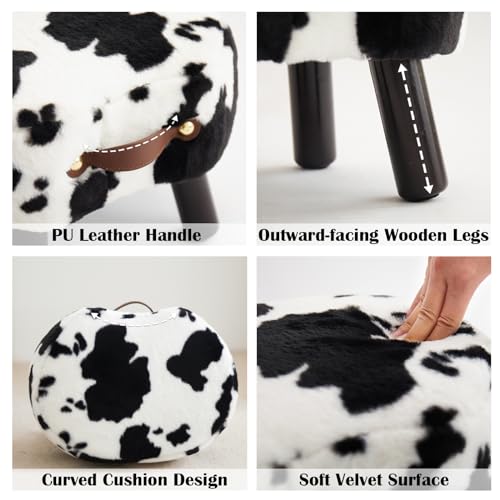 Foot Stools Small, Cow Ottomon with Handle, Velvet Footrest | Curved Foot Stool with Padded Seat Wooden Legs, Portable Foot Rest for Living Room, Bedroom, Entryway (Cow) - color: Cow