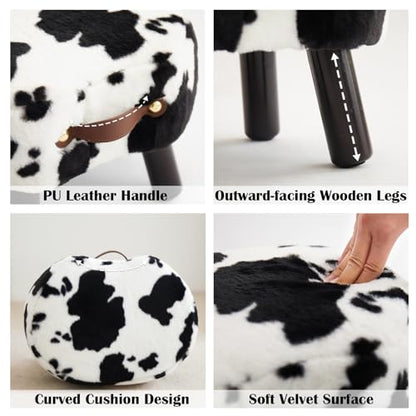 Foot Stools Small, Cow Ottomon with Handle, Velvet Footrest | Curved Foot Stool with Padded Seat Wooden Legs, Portable Foot Rest for Living Room, Bedroom, Entryway (Cow) - color: Cow