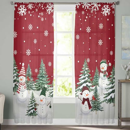 Christmas Red Sheer Curtains 63 Inch Length 2 Panels Set for Living Room/Bedroom, Snowman Standing in Winter Semi Curtain Sheers Drapes White Snowflake Rod Pocket Curtains Window Treatment Set 52x63x2 - color: Christmas, size: 52"W x 63"L (Pack of 2)