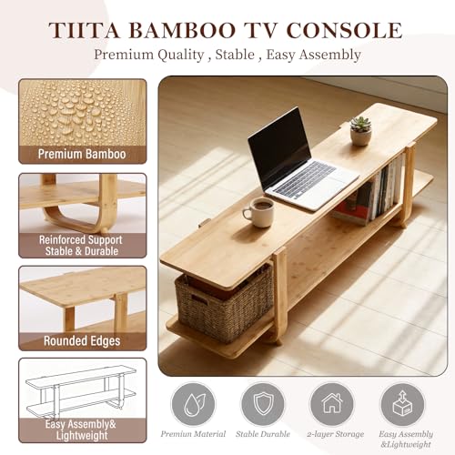 Tiita Bamboo TV Stand for 55 Inch TV, Entertainment Center with 2 Open Shelf, Mid Century Modern Media Console for Living Room, Bedroom, Wood - color: Wood